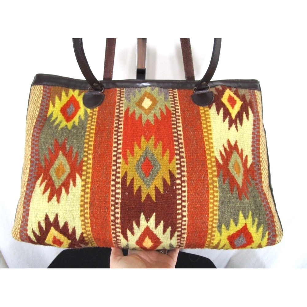 Large Southwestern Aztec Wool & Leather Shoulder Tote Handbag - Picture 6 of 11
